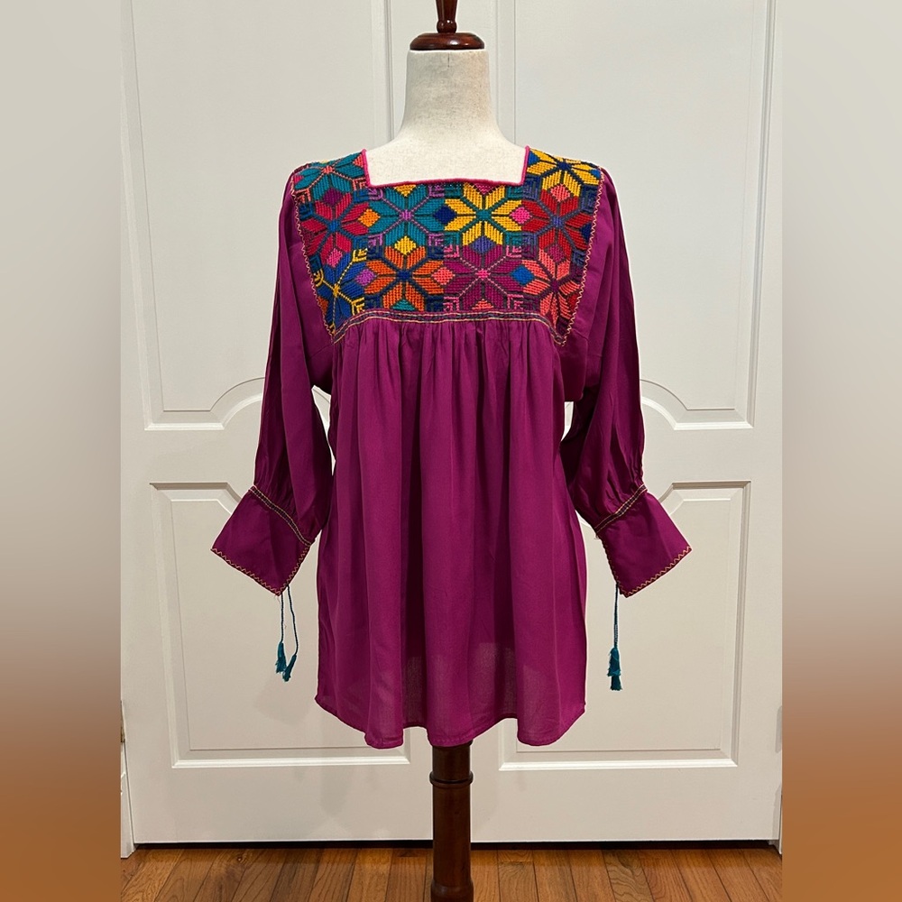 Mexican blouse with 100% hand Cross-stitch Embroidered, Chiapas artisan top.